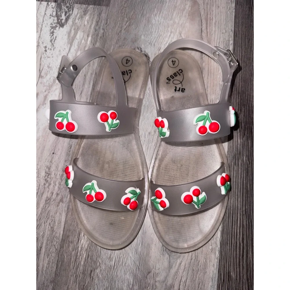 Art Class Girls Smoky Gray Jelly Sandals Cherry Charms Slingback Size 4